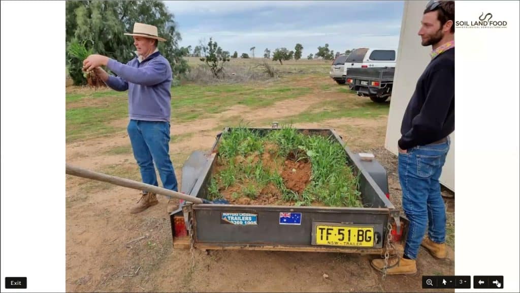 Two men are observing a small trailer filled with soil and plants. The man on the left, wearing a hat, examines a plant, while the man on the right, in a black jacket and jeans, looks on. They are outdoors, with vehicles and a tree in the background.