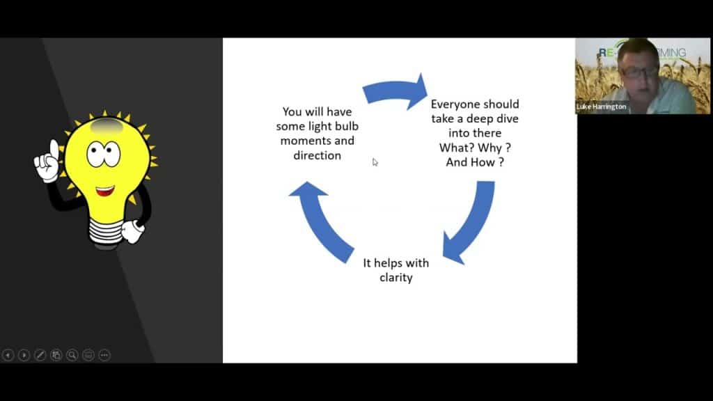 A presentation slide features a cartoon lightbulb character on the left and a circular diagram on the right. The diagram contains three segments: "Everyone should take a deep dive into there. What? Why? And How?", "It helps with clarity," and "You will have some light bulb moments and direction." In the top right, a speaker is visible in a small video feed.
