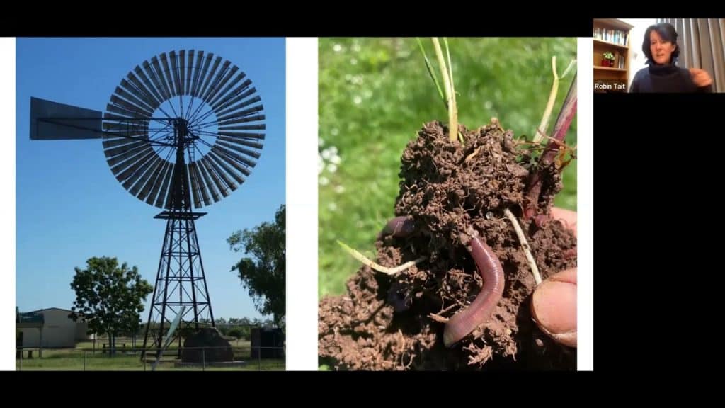 A presentation slide with two photos. The left shows a traditional windmill against a blue sky. The right shows hands holding soil with visible worms and roots. Inset, a speaker is visible in a Zoom call window on the top right, gesturing while speaking.