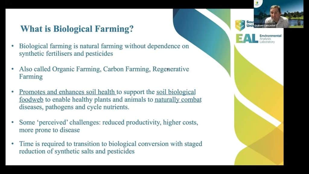A presentation slide titled "What is Biological Farming?" discusses natural farming methods without synthetic fertilizers and pesticides. The right side contains logos and a small image of a person. The left side lists benefits and challenges of biological farming.