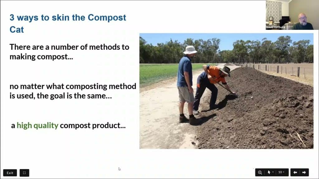 A slide presentation titled "3 ways to skin the Compost Cat" is shown. The slide mentions methods for making compost with the goal of a high-quality product. A photo shows two people examining a large pile of compost outdoors.