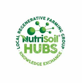 A circular logo with green text. At the top, it reads "LOCAL REGENERATIVE FARMING GROUP." In the center, "NutriSoil HUBS" is displayed with interconnected dots above the text. At the bottom, it reads "KNOWLEDGE EXCHANGE" in a curved format.