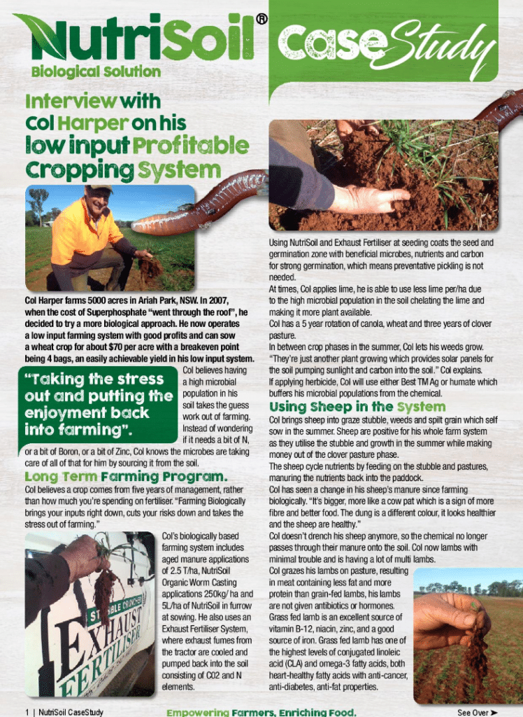 A case study document titled "NutriSoil Biological Solution" featuring an interview with Col Harper about his low input profitable cropping system. It includes images of Col Harper, soil, crops, and a farm tractor. Various sections discuss farming techniques.