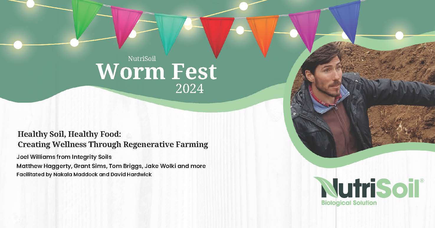 A promotional banner for NutriSoil Worm Fest 2024. The banner features colorful flags at the top, an image of a man inspecting soil on the right, and details about event speakers and facilitators on the left. The title and event tagline emphasize wellness through regenerative farming.