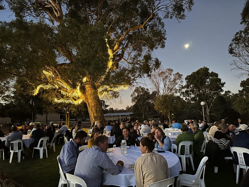 A large group of people sits at round tables outdoors in the evening. A large tree with string lights in its branches is prominent in the background. The sky is darkening, and a crescent moon is visible, creating a serene atmosphere.