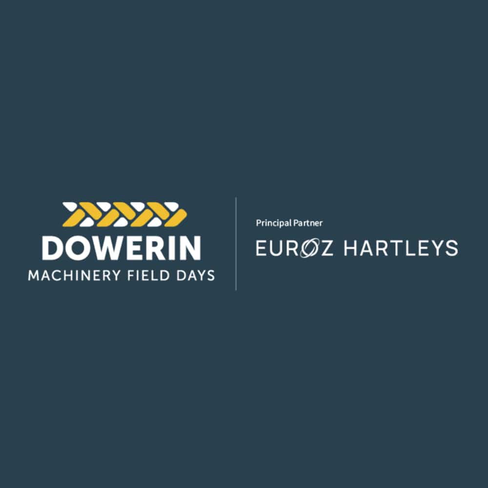 Dowerin Machinery Field Days logo featuring patterned yellow arrows. To the right, the text "Principal Partner Euroz Hartleys" appears. The background is dark blue.