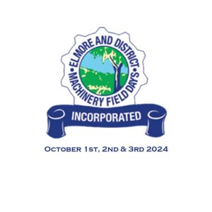 Logo of Elmore and District Machinery Field Days Incorporated with a circular emblem featuring a green and blue landscape. Below the emblem, there is a blue ribbon with the word "INCORPORATED." The text "October 1st, 2nd & 3rd 2024" is written beneath the logo.