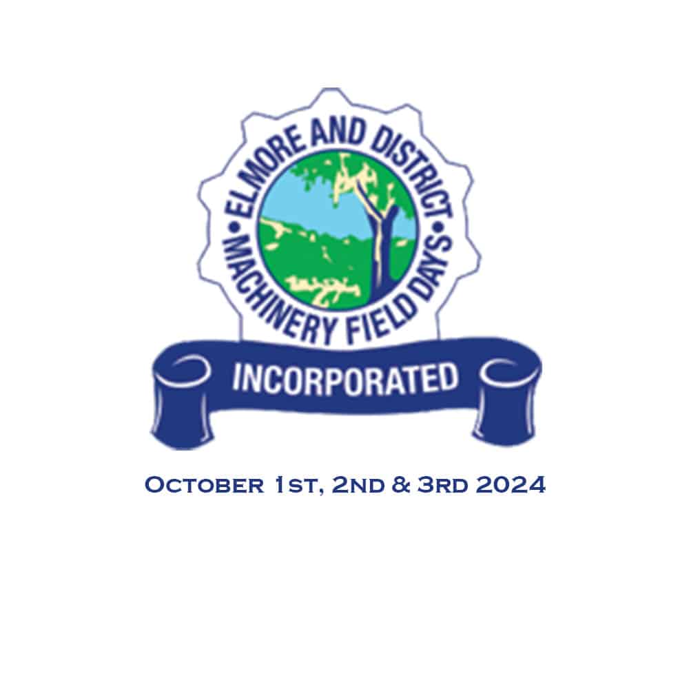 Logo of Elmore and District Machinery Field Days Incorporated with a circular emblem featuring a green and blue landscape. Below the emblem, there is a blue ribbon with the word "INCORPORATED." The text "October 1st, 2nd & 3rd 2024" is written beneath the logo.